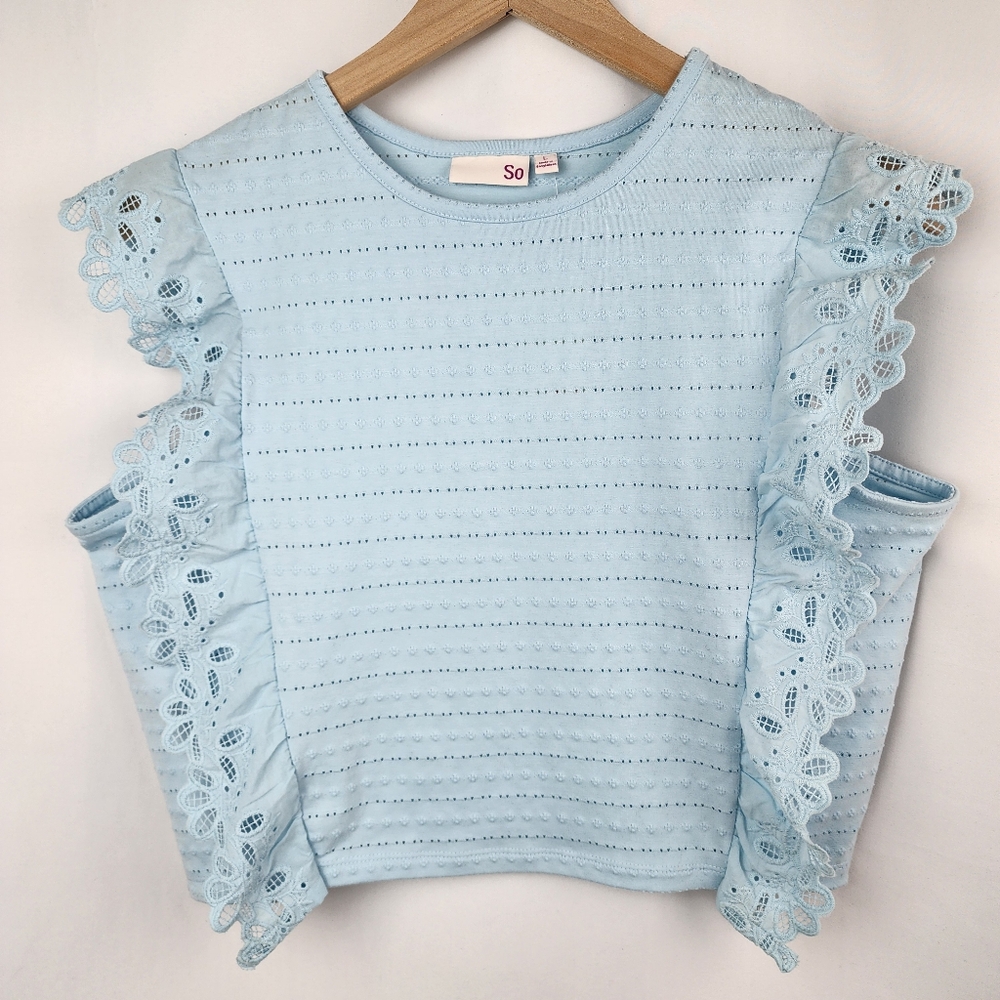 SO Women's Blue Broderie Frill Crop Top Size L NWT